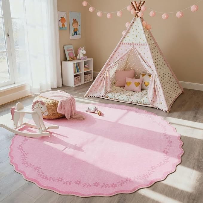 GarveeHome Round Area Rugs 8ft for Living Room, Large Solid Pink Valentines Washable Circle Rug Soft Non Slip Floral Print Floor Mat Carpet Indoor Thin Rug for Bedroom Dining Room Playroom Nursery