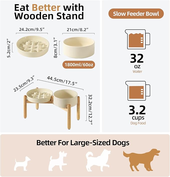 Ceramic 3.2 Cup Raised Slow Feeder Dog Bowl Set, Elevated 8.2inch Bowl and 9.5inch Slow Pet Food Dish with Wooden Stand for Large Dog (2 x Beige+ Stand)