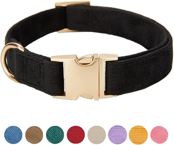 Soft Corduroy Fibric Dog Collar with High Grade Metal Buckle, for Small Dogs(Black,Small:10-15")