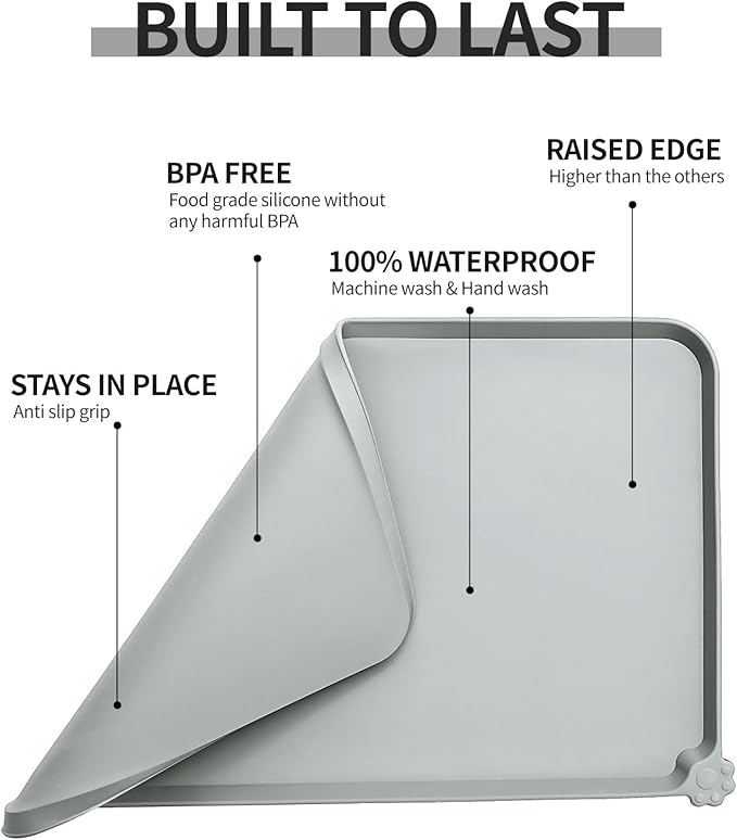 Waterproof Pet Feeding Mat with High Raised Edges, Heavier and Thicker Placemats for Cat Dog Water Bowl with BPA Free, Dogs Cats Food Mats for Messy Drinkers to Prevent Spill and Protect Floors