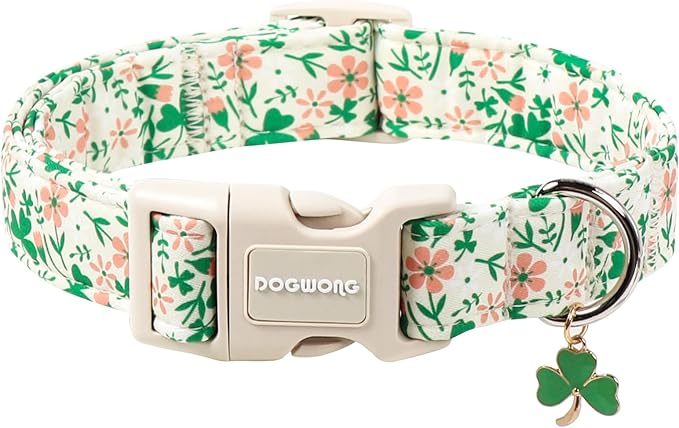 DOGWONG St Patrick's Dog Collar, Green Clover Pet Collar Cotton Flower Shamrock Pet Collar Cute Puppy Collar Adjustable Pet Dog Collars for Medium Dogs,M