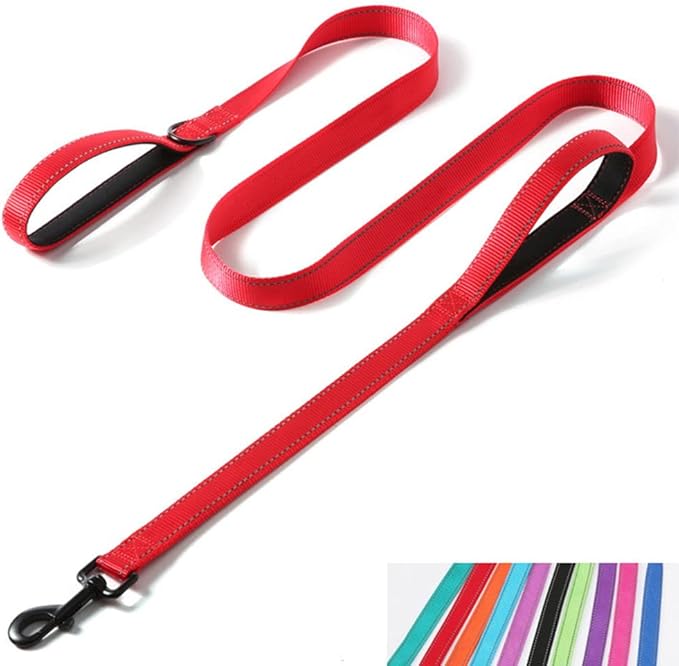 Reflective Nylon Dog Leash Heavy Duty, Two Handles with Padded for Extra Control Outside Durable Training Lead for Small Medium Large Breed Pet Dogs, 5ft Long 1-inch Width, Red