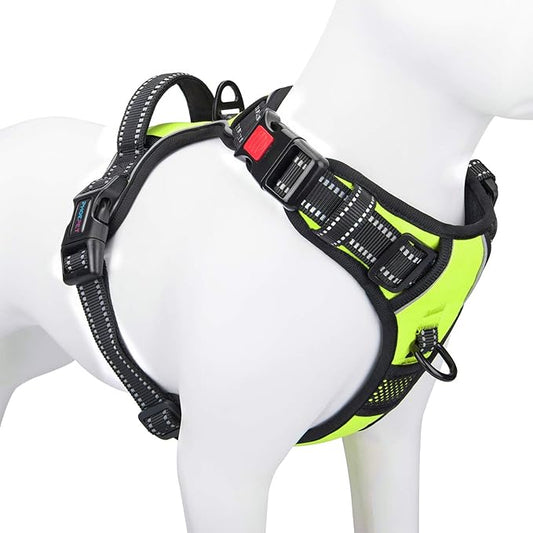 PHOEPET Reflective Dog Harness Large Breed Adjustable No Pull Vest with Handle 2 Metal Rings 3 Buckles [Easy to Put on & Take Off](XL, Green)