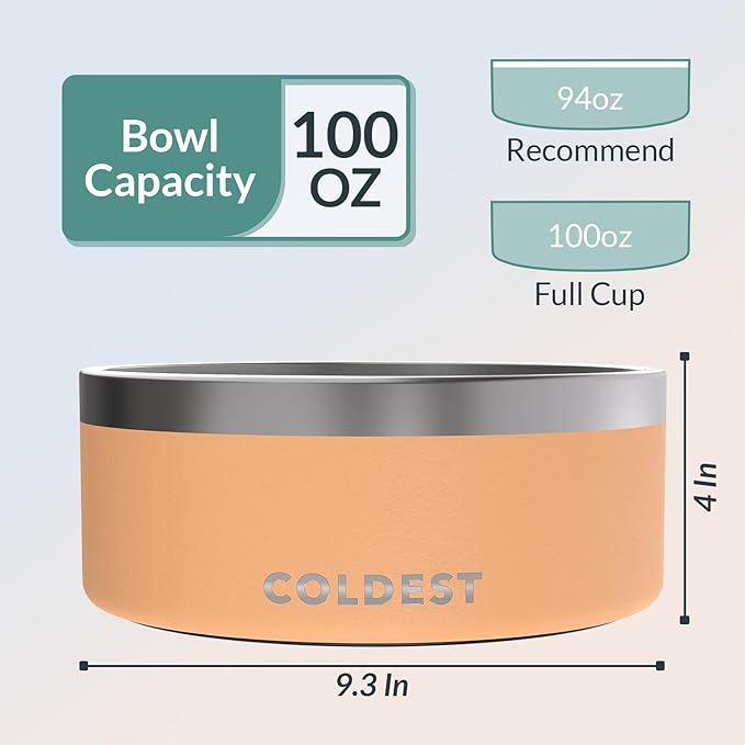 Coldest Dog Bowl - Anti Rust Metal, Non Slip, 3 Layers Insulated Stainless Steel Dog Bowls - Spill Proof & Heavy Duty - Water Bowl for Dogs, Cats & Pets, Dish Washer Safe (100 oz, Sahara Peach)