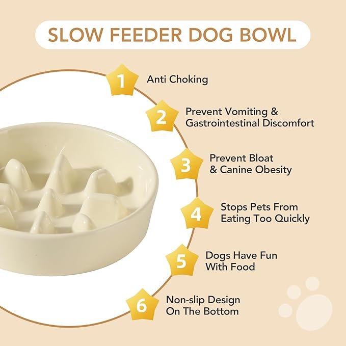 Ceramic 0.9 Cup Dog Raised Slow Feeder Set, Elevated Bowl with Wooden Stand for Small Dog, 6.1inch Pet Slow Feeder Dish for Fast Easters, Preventing Choking (Beige, Single Bowl+ Stand)