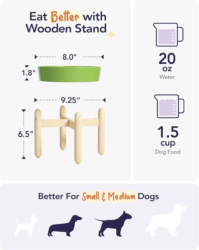 LE TAUCI Ceramic Slow Feeder Dog Bowls Elevated for Small and Medium Breed, Dog Bowls with Wooden Stand, 1.5 Cups Pet Dishes to Slow Down Eating, Anti-Gulping Pet Feeding Dishes, Clover Green