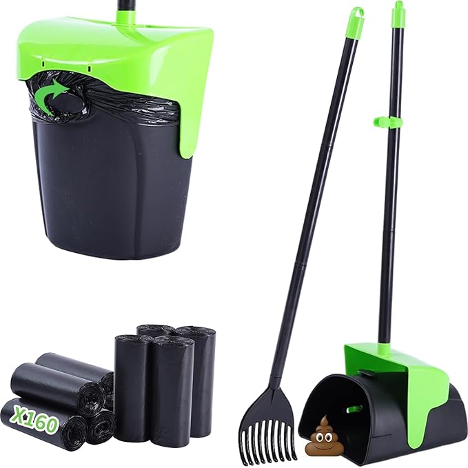Pooper Scooper Large Swivel Bin & Rake with 160 Waste Bags,Heavy Duty Dog Pooper Scooper with Bag Attachment for Dogs, Long Handle Poop Scooper with Lid for Yard, Grass, Gravel(Green)