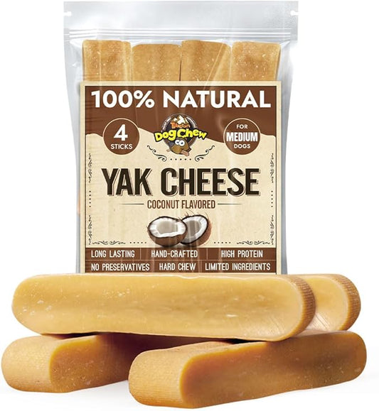Tibetan Yak Cheese Dog Chew Sticks (4 Medium Chews) Coconut Flavor - Natural, Handmade, Long-Lasting, Easy to Digest, Ideal for Medium Dogs and Aggressive Chewers, Rawhide, Grain and Gluten Free