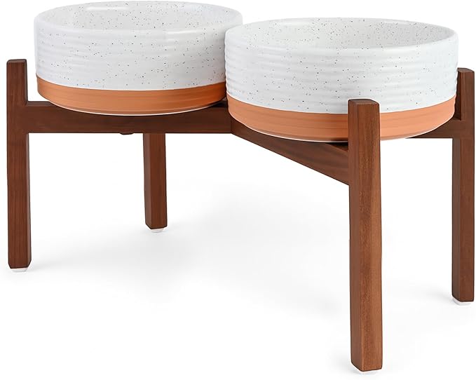 SPUNKYJUNKY Ceramic Elevated Dog Bowl Set with Acacia Wood Stand for Food and Water for Large Dog (60.87 OZ, White and Reddish Brown)