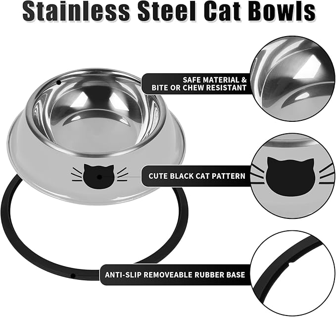 2Pcs Cat Bowls Non-Slip Stainless Steel Small Cat Food Bowl Unbreakable Thick Rubber Base Easily Clean Lovely Color