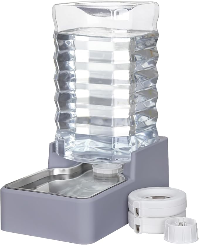 Sfozstra Automatic Lagre Water Dispenser: 9L Dogs Stainless Steel Gravity Light Gray Upgraded Feeder - Two Caps and Filters - Convenient Designed for Multiple Pets