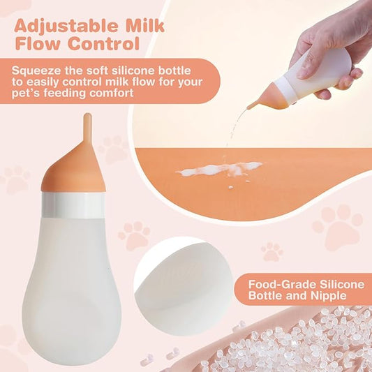 Kitten Bottle Feeding Kit, Soft Silicone Squeezable Puppy Bottles for Adjustable Milk Flow with Replacement Nipple & Syringe, Newborn Puppy & Kitten Milk Feeder(White, 3.2fl oz)