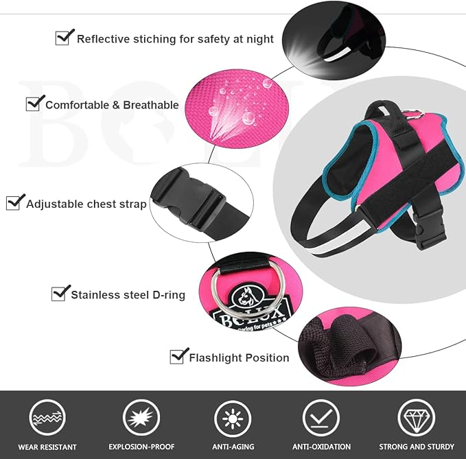 Bolux Dog Harness, No-Pull Reflective Dog Vest, Breathable Adjustable Pet Harness with Handle for Outdoor Walking - No More Pulling, Tugging or Choking Small (Pack of 1) RoseTurquoise