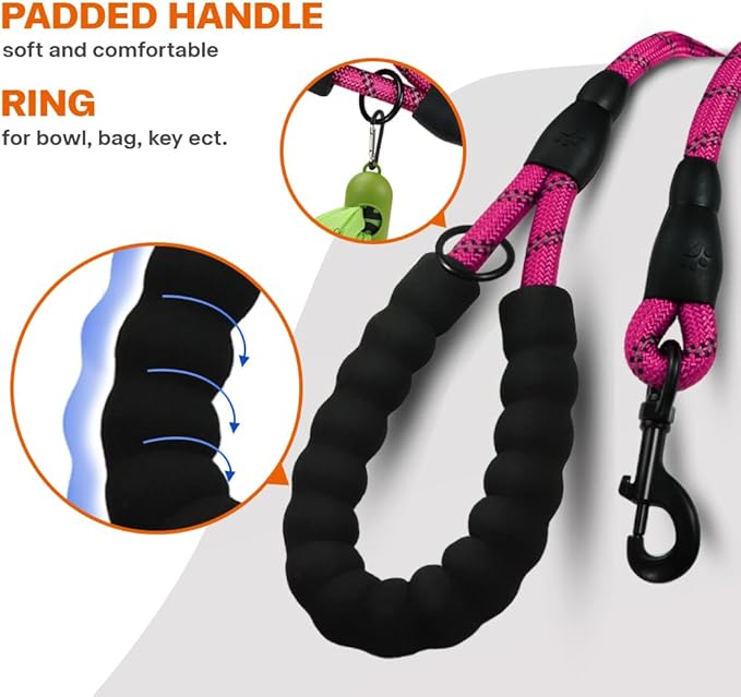 Taglory Rope Dog Leash 6 FT with Comfortable Padded Handle, Highly Reflective Threads Leash for Medium Large Dogs, 1/2 inch, Hotpink