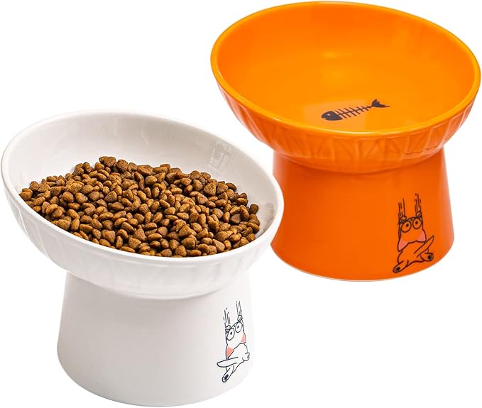 6.5 Inch Extra Wide Ceramic Raised Cat Bowl Set, Tilted Elevated Cat Bowls for Food and Water, Prevent Whisker Fatigue, Stress Free, Less Vomiting, Protect Spine, Lead & Cadmium Free, White & Orange