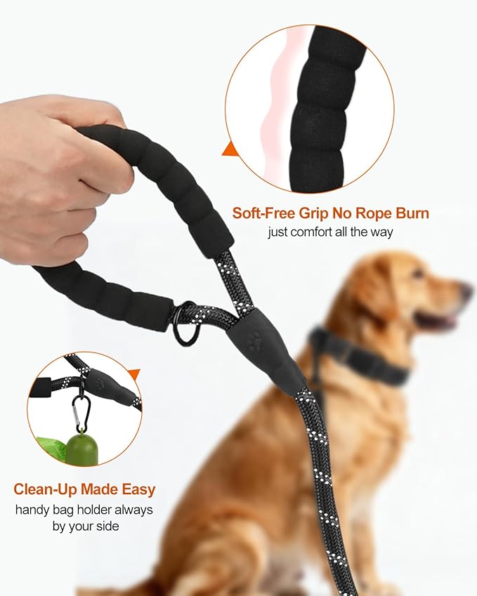 Joytale Dog Leash for Large Dogs, Heavy Duty Nylon Leashes with Comfortable Padded Handle and Highly Reflective Threads, Ideal for Walking and Training, Black, 5'횞1/2''