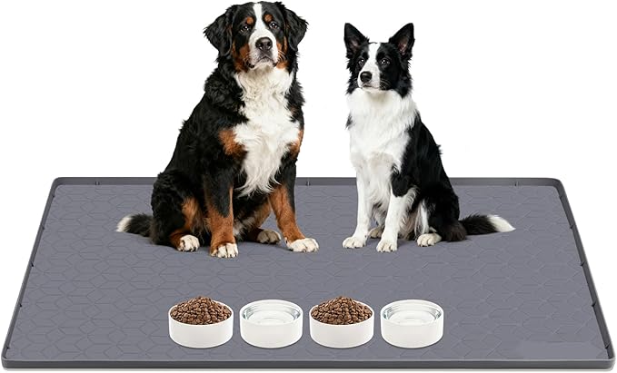 Lanstics Dog Food Mat, 34" x 22" Large Silicone Mat Dog Feeding Mat with Raised Edge Non-Slip Pet Feeding Mat for Food and Water Bowl, Easy to Clean, Floor Protection (Gray)