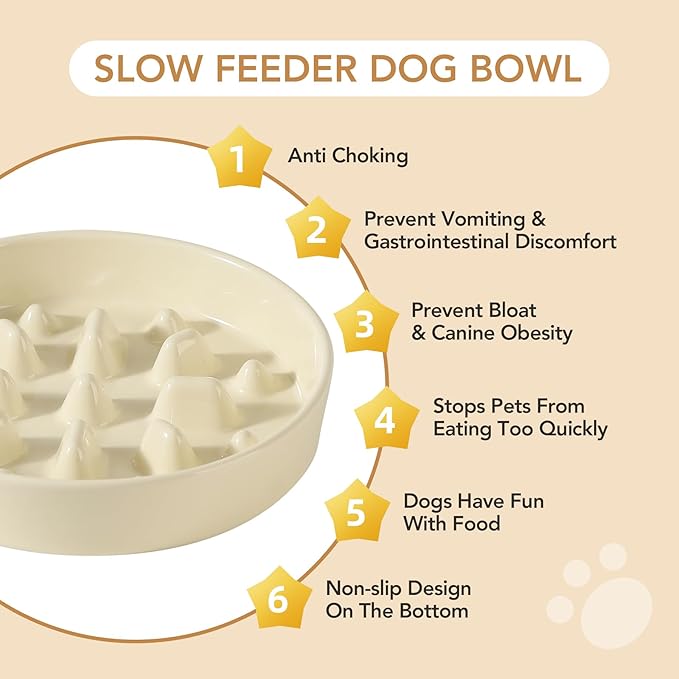 Ceramic Raised Slow Feeder Dog Bowl Set, Elevated 7.3inch Bowl and 8.2inch Slow Pet Food Dish with Wooden Stand for Medium and Large Dog (2 x Beige+ Stand)