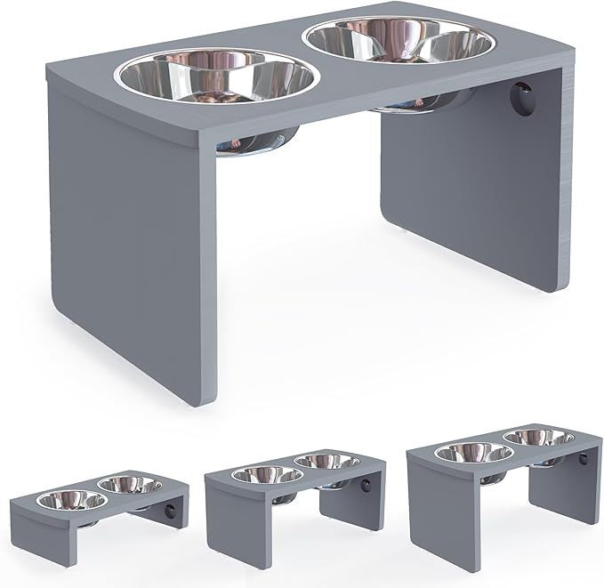 Elevated Dog Bowls, Bamboo Raised Dog Bowl for Large Dogs, with 2 Stainless Steel Bowls (13'' Tall-68oz Bowl, Grey)