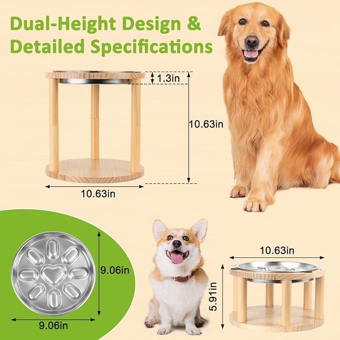 Vivifying Elevated Dog Bowl, Height-Adjustable Pine Wood Stand with Stainless Steel Slow Feeder Bowl, Available in Two Heights 5.9" & 10.6", Fits Small, Medium & Large Dogs