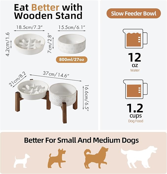 Ceramic 1.2 Cup Raised Slow Feeder Dog Bowl Set, Elevated 6.1inch Bowl and 7.3inch Slow Feeder Dish with Acacia Wood Stand for Small and Medium Dogs (2 x Reactived Glaze -White+ Stand)