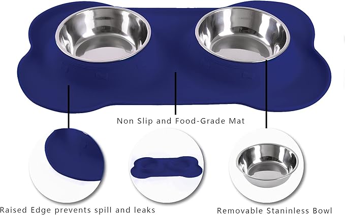 Hubulk Pet Dog Bowls 2 Stainless Steel Dog Bowl with No Spill Non-Skid Silicone Mat + Pet Food Scoop Water and Food Feeder Bowls for Feeding Small Medium Large Dogs Cats Puppies (Small, Navy Blue)