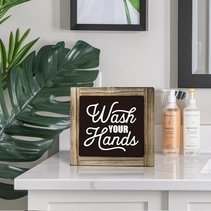 Bathroom Sign Decor, Wash Your Hands Sign, Rustic Wooden Tabletop Decor Sign, Washroom Wooden Block Sign, Freestanding Restroom Sign, Farmhouse Decor, Toilet Humor, Bathroom Table Art Prints
