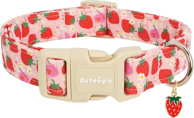 Strawberry Dog Collar, Cute Pink Dog Collars for Large Dogs, Sweet Fresh Style Pet Collar Large Dog Collars, Puppy Collar with Quick Release Buckle for Girl Boy Dog-L