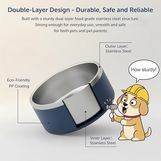 Dog Bowls, Stainless Steel Dog Food and Water Bowl for Small to Large Breed, Anti-Slip, Dishwasher Safer, Rust-Resistant, Easy to Clean, Weighted Durable Metal Bowl (Navy, 64 oz)
