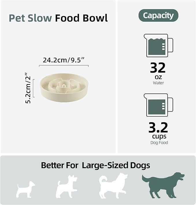 Ceramic 3.2 Cup Slow Feeder Dog Bowl for Large Dog, 9.5inch Puzzle Food Dish, Anti-Gulping, Stop Bloat, Preventing Choking (Single Bowl-Beige)