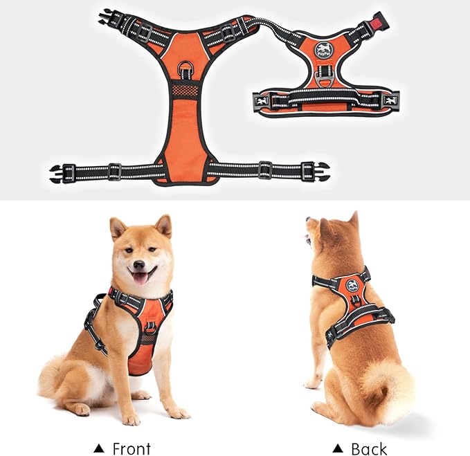 PoyPet No Pull Dog Harness, No Choke Front Clip Dog Reflective Harness, Adjustable Soft Padded Pet Vest with Easy Control Handle for Small to Large Dogs(Orange,L)