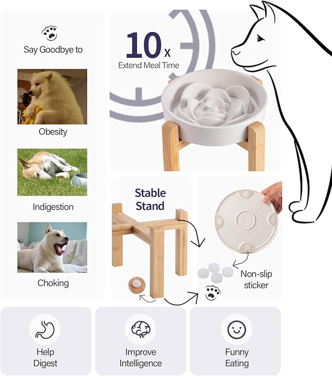 White Ceramic Slow Feeder Dog Bowl for Medium and Large Breed,Elevated/Raised 1.5 Cup 8.26 in Slow Feeding Bowl,Puzzle Dog Food Bowl for Fast Eater,Maze Dish for Fast Eater