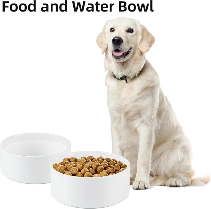 Non-Slip 8.2inch Ceramic Dog Food and Water Bowl for Large Breed Dogs, Pet Bowl for Replacement (Single Bowl, White)