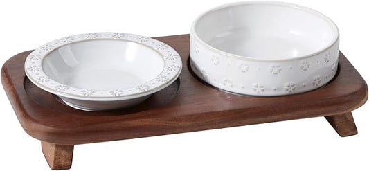 Wide Whisker Friendly Raised Cat Bowls Set with Acacia Wood Stand, Ceramic Food & Water Bowls for Cats, Puppy, Kitty, Relief Whisker Fatigue, Pet Bowl(1Bowl+1Dish+Stand, Arctic White)