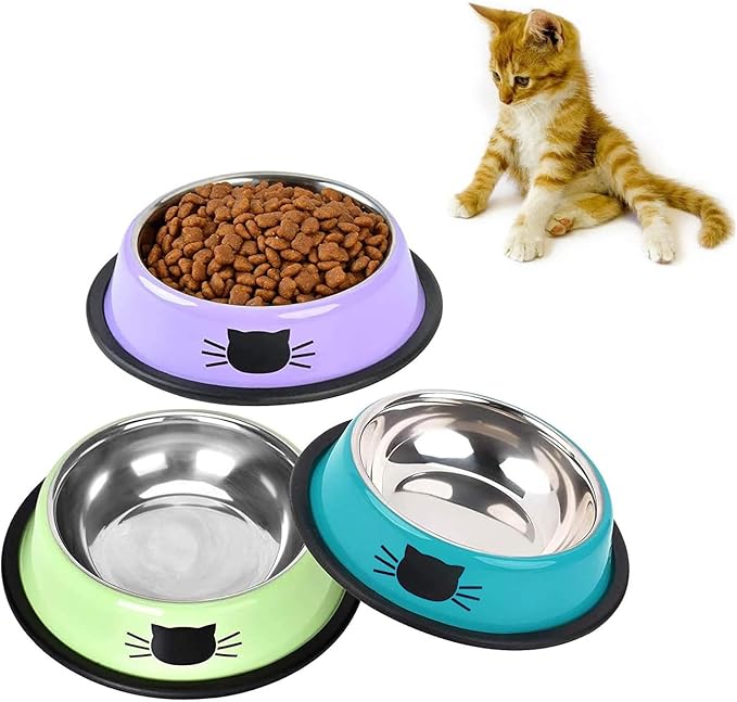 Cat Bowls,Stainless Steel Cat Water Food Bowl,Puppy Feeding Bowl,Set of 3 Shallow Pet Bowl Rubber Base Non Slip Small Dogs Feeder Bowls