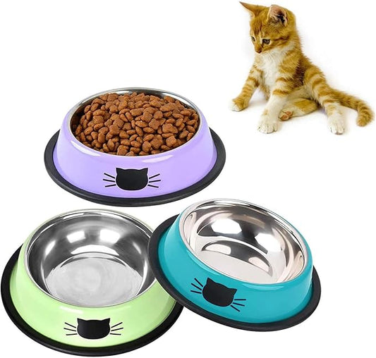 Cat Bowls,Stainless Steel Cat Water Food Bowl,Puppy Feeding Bowl,Set of 3 Shallow Pet Bowl Rubber Base Non Slip Small Dogs Feeder Bowls