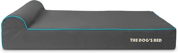 The Dog’s Bed Orthopedic Memory Foam Dog Bed with Headrest, Oxford Fabric, Grey with Blue Trim, XL, 6-Inch