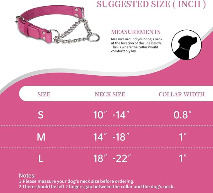 Martingale Collar for Dogs No-Pull Adjustable Training Collar with Stainless Steel Chain - Genuine Leather Anti-Slip Design for Small,Medium,Large Breed Dogs - Pink (M)