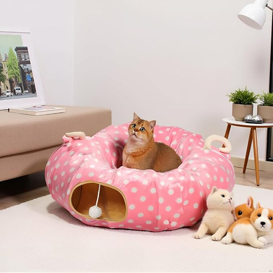 AUOON Cat Tunnel Bed for Indoor Cats - Large Cat Donut Tunnel with Hanging Ball Toy, Collapsible 2-in-1 Multifunctional Interactive Cat Toy for Kitten, Puppy, Rabbit, Ferret (Pink)