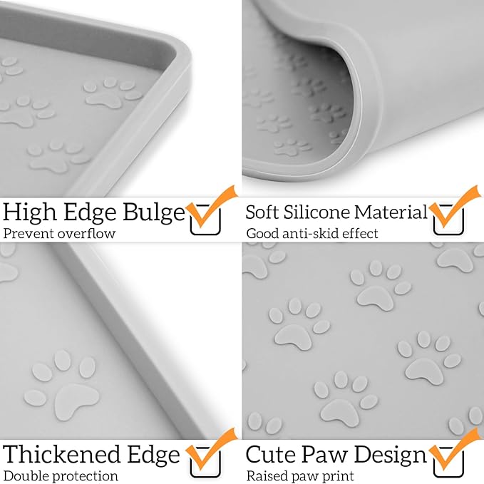 Ptlom Dog Food Mat Anti-Slip Pet Bowl Mats for Food and Water, High-Lips Pet Placemat Prevent Messy Spills to Floor, Waterproof Puppy Feeding Tray for Small, Medium Large Dogs Cats, Silicone