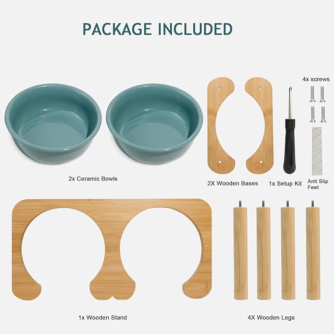 Elevated Ceramic Dog Bowls, Raised Dog Bowl with Anti-Slip Stand, Pet Feeding Dishes for Medium Sized Dogs, Weighted Pet Feeder Bowls, Dog Food and Water Bowl Set(6.3" Tall-28oz-Dark Green)
