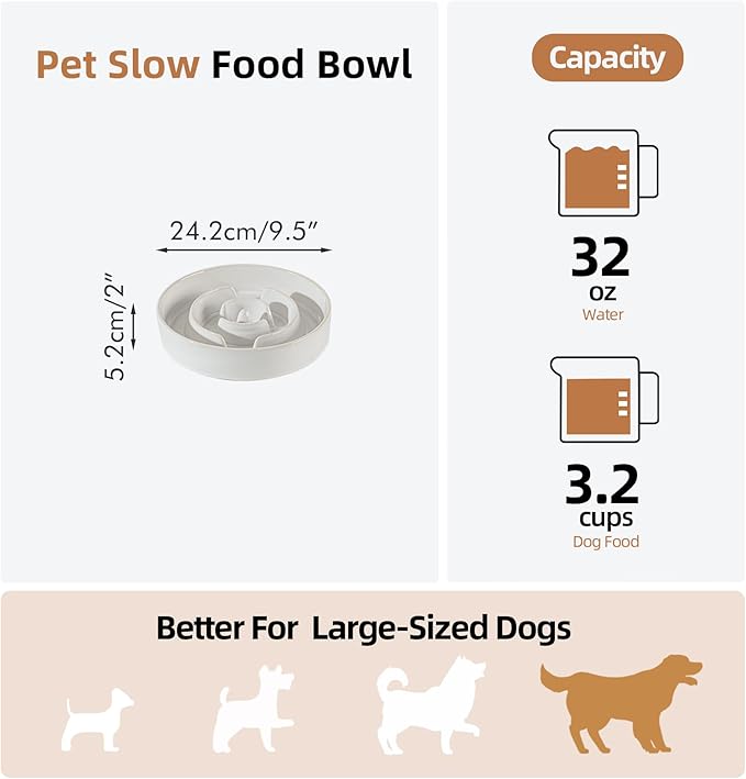 Ceramic 3.2 Cup Dog Bowl Slow Feeder for Large Dog, 9.5inch Pet Slow Dish, Stop Bloat, Preventing Choking(Single Bowl, Reactived Glaze -White)