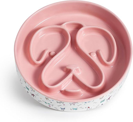 Slow Feeder Dog Bowl, Ceramic Dog Bowls 1.5 Cup Puzzle Feeder - Stops Fast Eating, Prevents Bloat, Choking & Black Chin for Medium/Large Dogs, Pink﻿