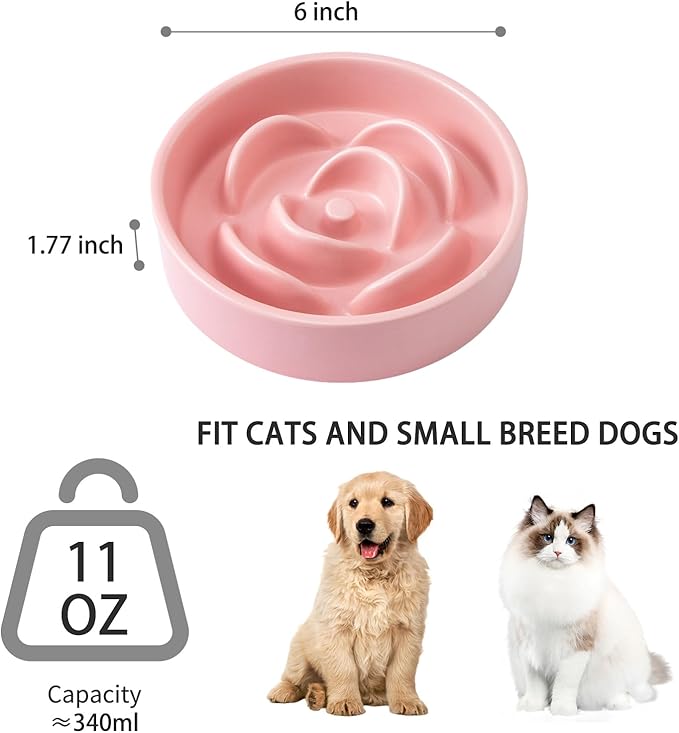 6'' Ceramic Slow Feeder Dog Bowls - Petal Shape Modern Dog Food Dish for Cats and Small Breed Dogs, Puzzle Maze Bowl to Slow Down Eating, Anti-Gulping, Dishwasher & Microwave Safe, Pink