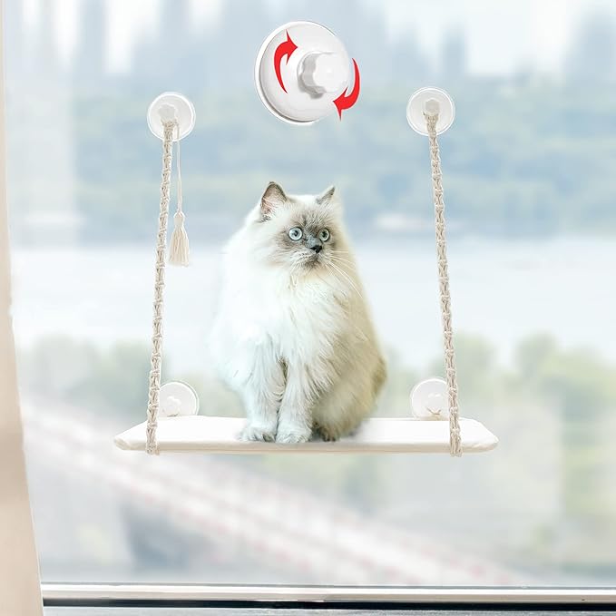 Mkono Cat Window Perch Macrame Boho Cat Hammock Wall Mounted Cat Bed for Indoor Cat, Pet Resting Seat Safety Space Saving Cat Shelves with Screw Suction Cups