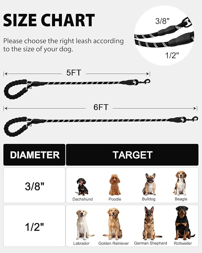 Joytale Dog Leash for Small Dogs, Heavy Duty Nylon Leashes with Comfortable Padded Handle and Highly Reflective Threads, Ideal for Walking and Training, Black, 6'횞3/8''