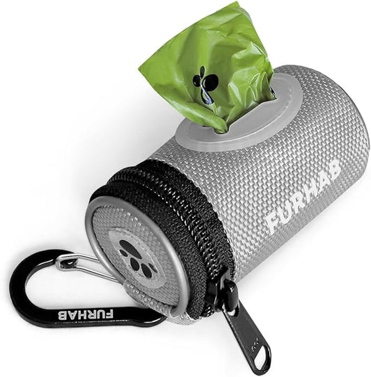 Glow Dog Poop Bag Holder for Leash Doggie Waste Bag Dispenser Puppy Potty Carrier Small Doggy Zipper Pouch with Carabiner Clip 1680D Nylon Oxford with 1 Roll of Pet Trash Bags, Silver