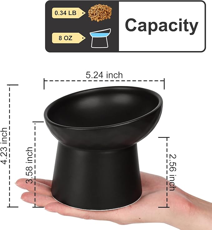 YauYik Ceramic Raised Cat Bowls, Elevated Tilted Cat Food and Water Bowls Set, Stress Free Pet Feeding Dish for Indoor Cats and Small Dogs, Anti Vomiting, Black, 2 Pack