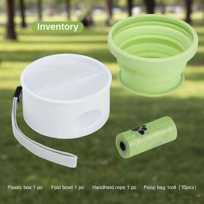 The Foldable Dog Water Bottle and 3-in-1 Snack and Garbage Bag Storage Box are The First Choice for Outdoor Activities, Equipped with 1 roll of Garbage Bags and a Garbage Hanging Ring.