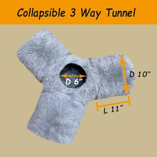 Cat Tunnel Tube Toy Collapsible 3 Way Grey Plush, Pet Tunnels for Indoor Cats, Play Tubes with Hanging Ball Perfect for Kitten, Puppy, Rabbit, Interactive Toys for Fun Playtime & Exercise